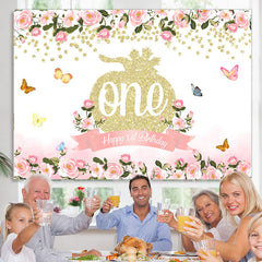 Lofaris Pink Floral Glitter Pumpkin Happy 1st Birthday Backdrop