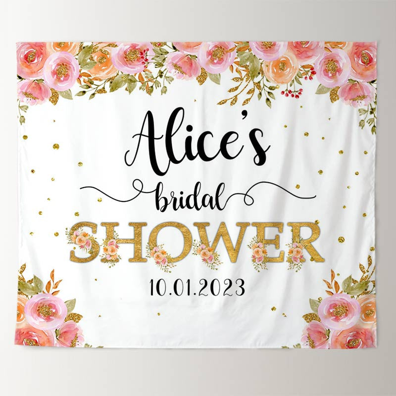 Lofaris Pink Floral Gold Glitter Bridal Shower Backdrop Banner