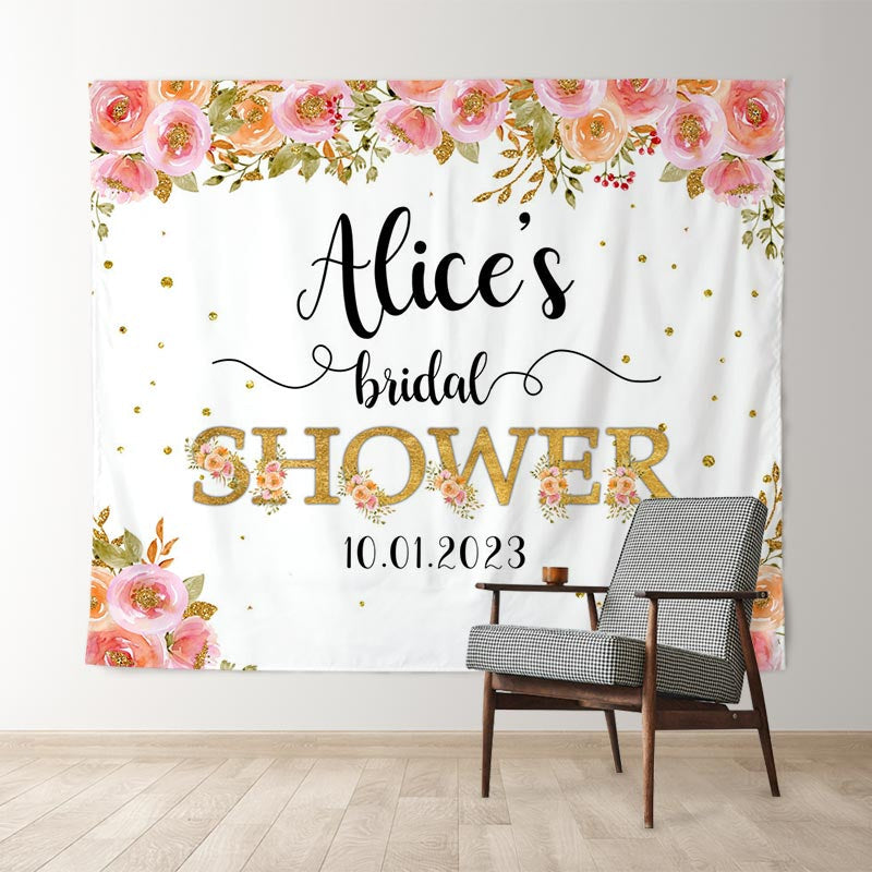 Lofaris Pink Floral Gold Glitter Bridal Shower Backdrop Banner