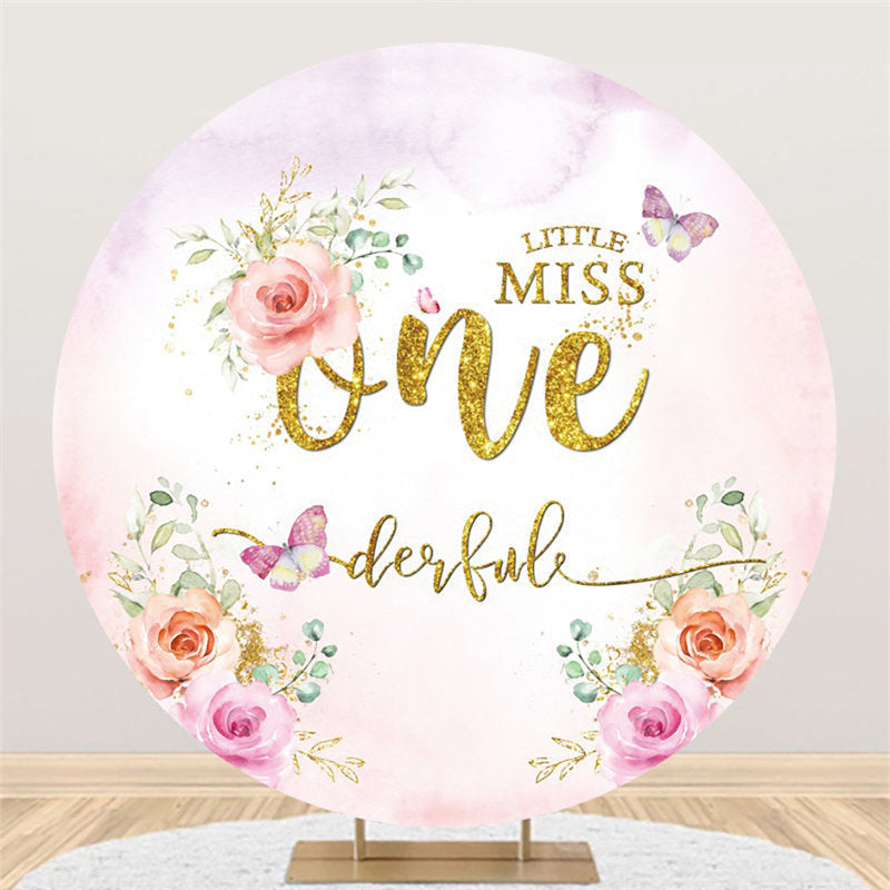 Lofaris Pink Floral Gold Glitter Onederful Round Birthday Backdrop