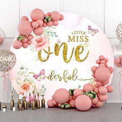 Lofaris Pink Floral Gold Glitter Onederful Round Birthday Backdrop