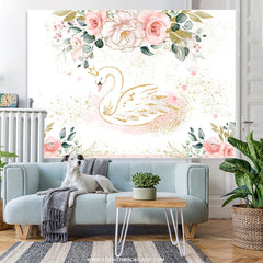 Lofaris Pink Floral Green Leaf Gold Glitter Swan Birthday Backdrop