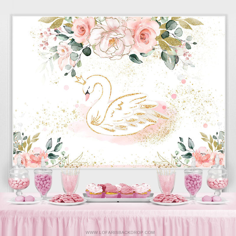 Lofaris Pink Floral Green Leaf Gold Glitter Swan Birthday Backdrop
