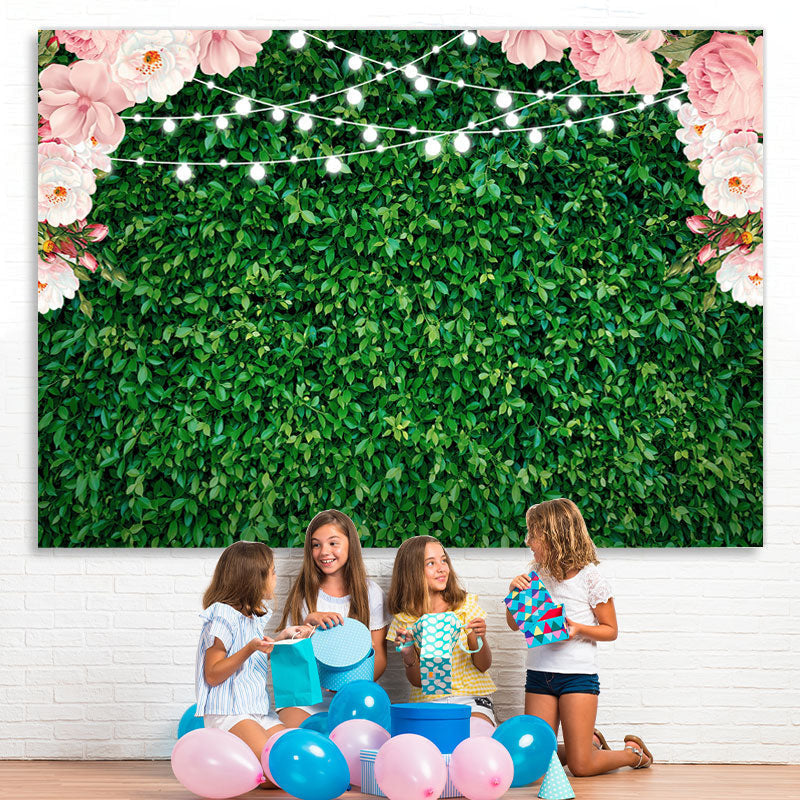 Lofaris Pink Floral Green Leaves Glitter Party Backdrop for Photo