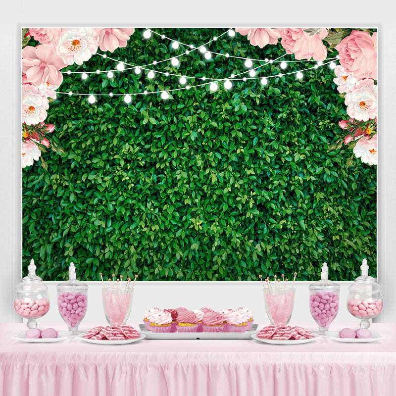 Lofaris Pink Floral Green Leaves Glitter Party Backdrop for Photo