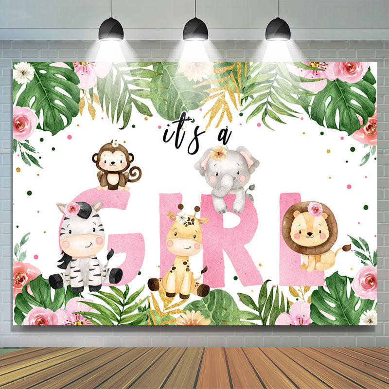 Lofaris Pink Floral Green Leaves Its A Girl Baby Shower Backdrop