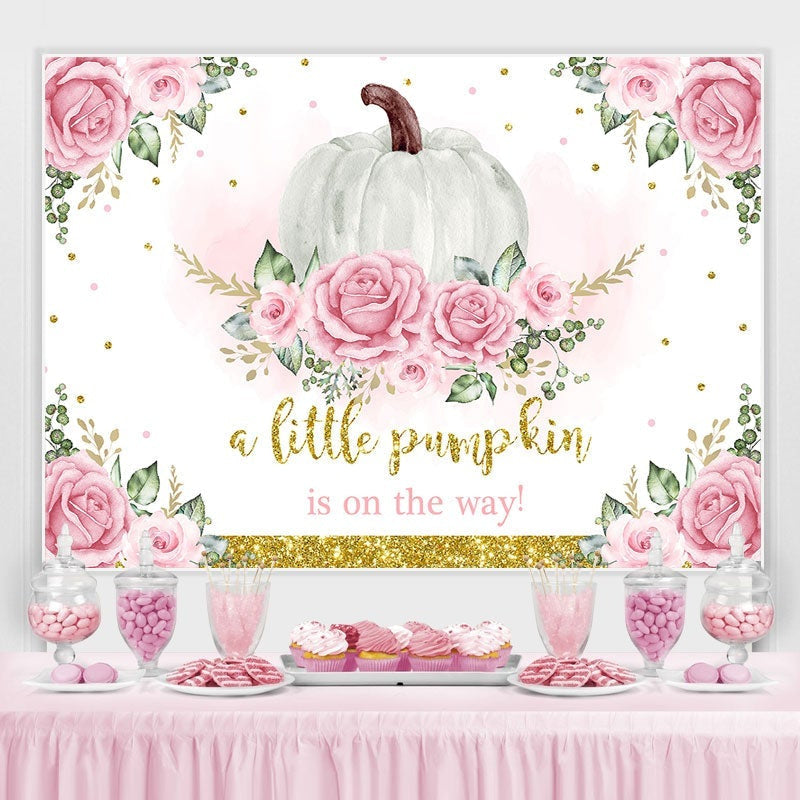 Lofaris Pink Floral Pumpkin On The Way Backdrop for Baby Shower