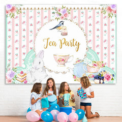 Lofaris Pink Floral Rabbit Bird Cup Tea Party Theme Backdrop