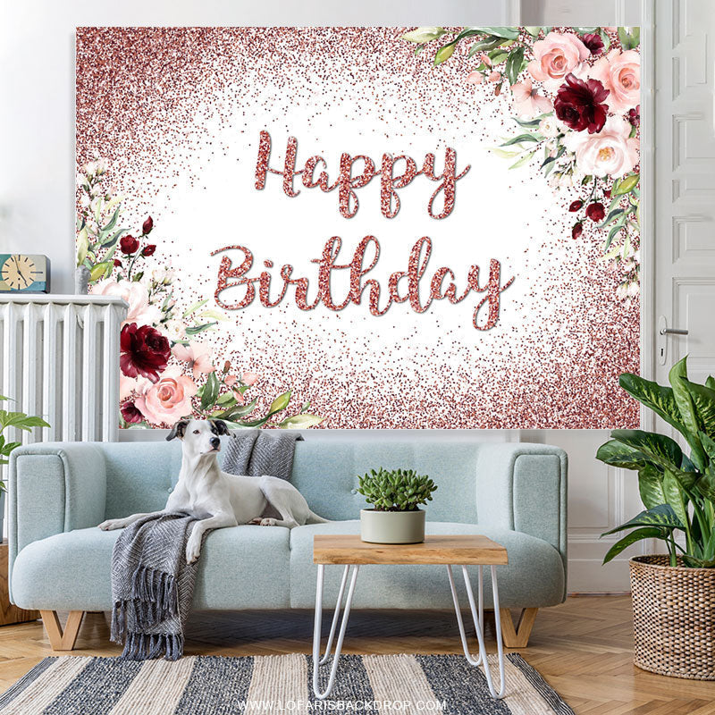 Lofaris Pink Floral Red Glitter Backdrop For Happy Birthday