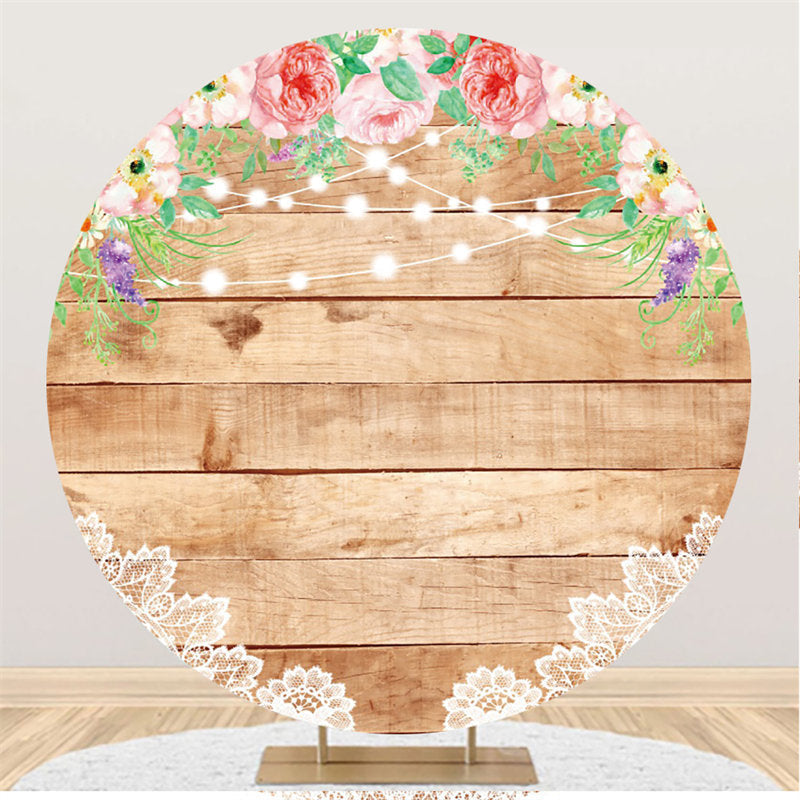 Lofaris Pink Floral Round Wood Backdrop For Happy Birthday