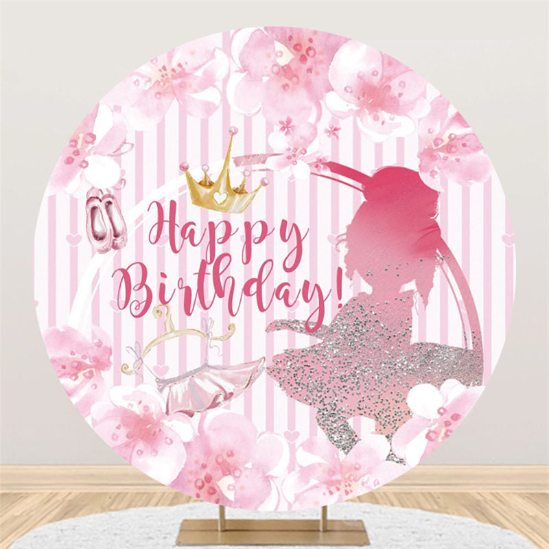 Lofaris Pink Floral Silver Glitter Girls Round Birthday Backdrop