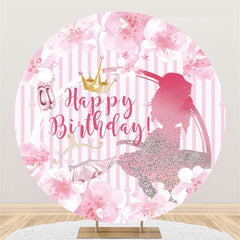 Lofaris Pink Floral Silver Glitter Girls Round Birthday Backdrop