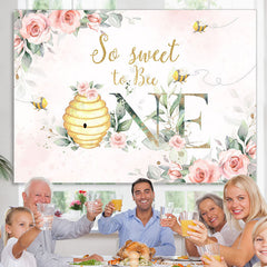 Lofaris Pink Floral So Sweet To Bee Happy 1st Birthday Backdrop