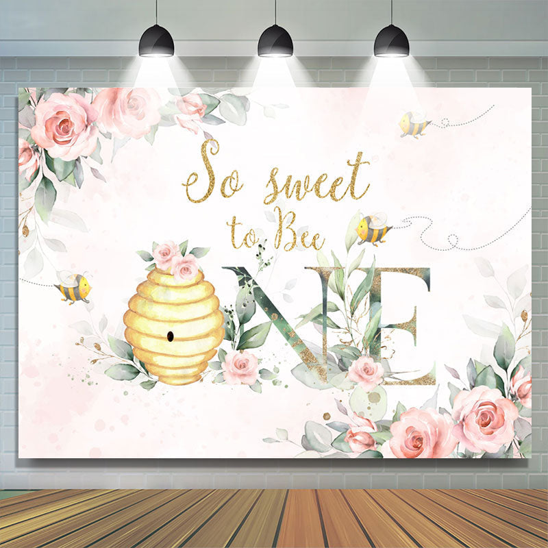 Lofaris Pink Floral So Sweet To Bee Happy 1st Birthday Backdrop