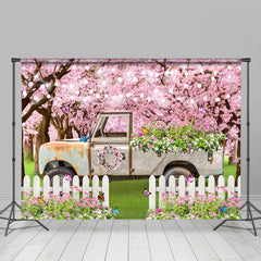 Lofaris Pink Floral Tree White Truck Grass Spring Backdrop