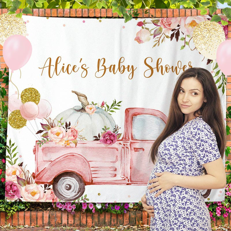 Lofaris Pink Floral Truck White Custom Baby Shower Backdrop
