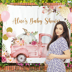 Lofaris Pink Floral Truck White Custom Baby Shower Backdrop