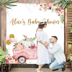 Lofaris Pink Floral Truck White Custom Baby Shower Backdrop