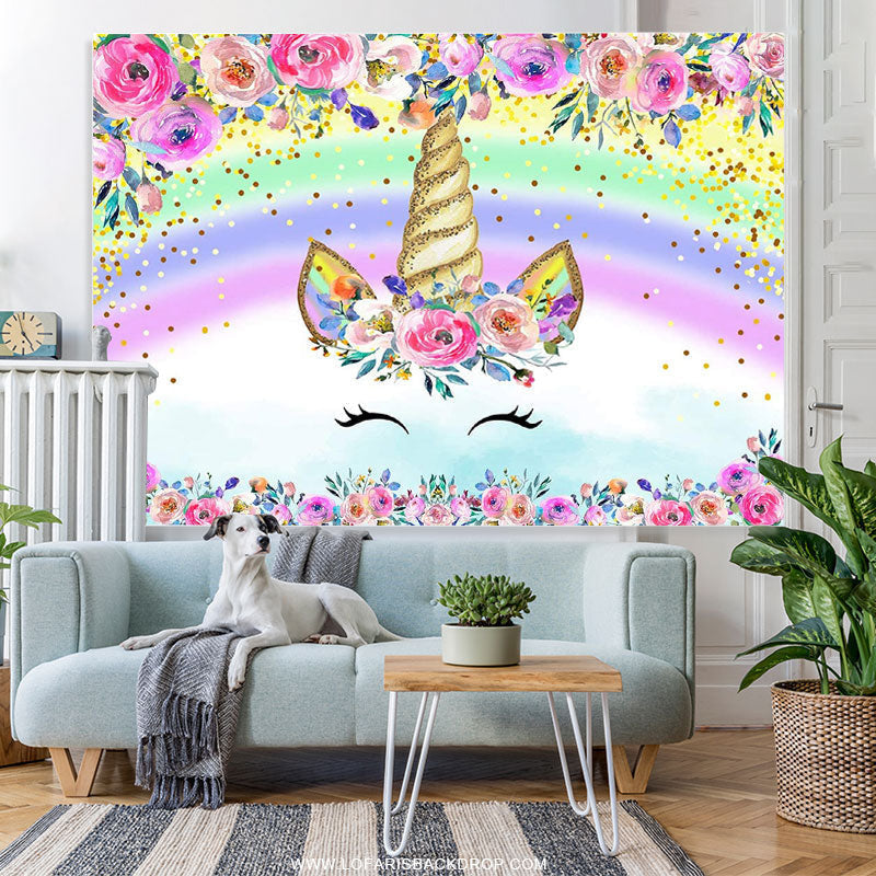 Lofaris Pink Floral Unicorn Rainbow Birthday Party Backdrop