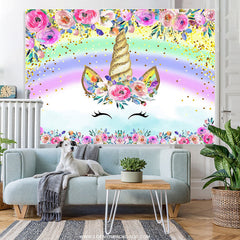 Lofaris Pink Floral Unicorn Rainbow Birthday Party Backdrop