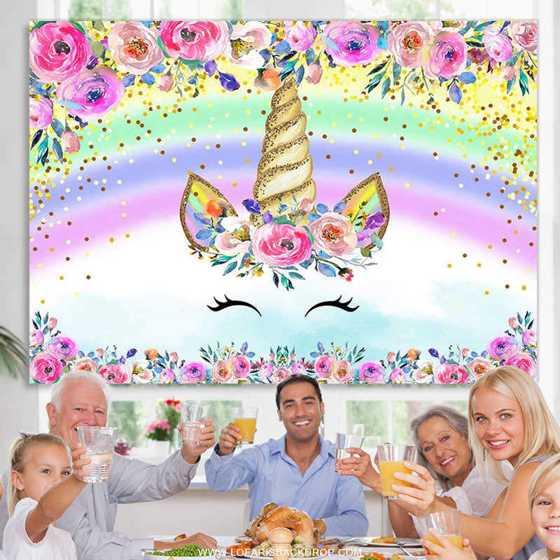 Lofaris Pink Floral Unicorn Rainbow Birthday Party Backdrop