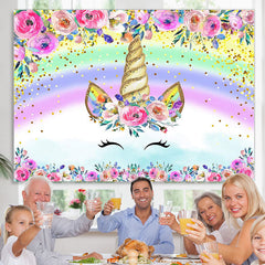 Lofaris Pink Floral Unicorn Rainbow Birthday Party Backdrop