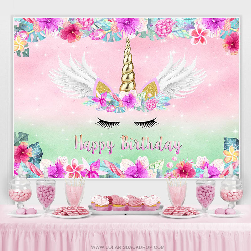 Lofaris Pink Floral Unicorn Theme Happy Birthday Backdrop Banner