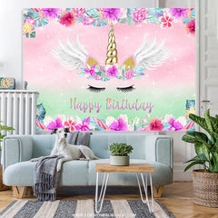 Lofaris Pink Floral Unicorn Theme Happy Birthday Backdrop Banner