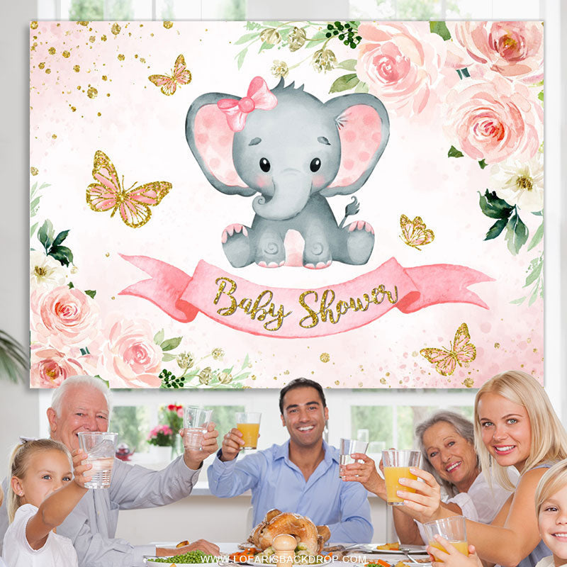 Lofaris Pink Flower And Butterfly Elephant Baby Shower Backdrop