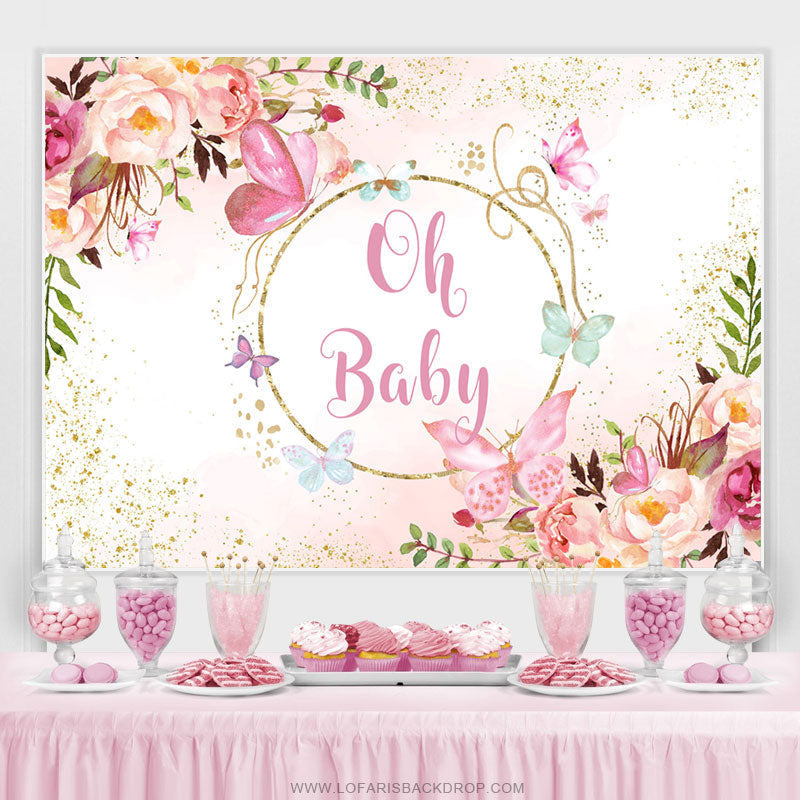 Lofaris Pink Flower And Butterfly Girl Baby Shower Backdrop
