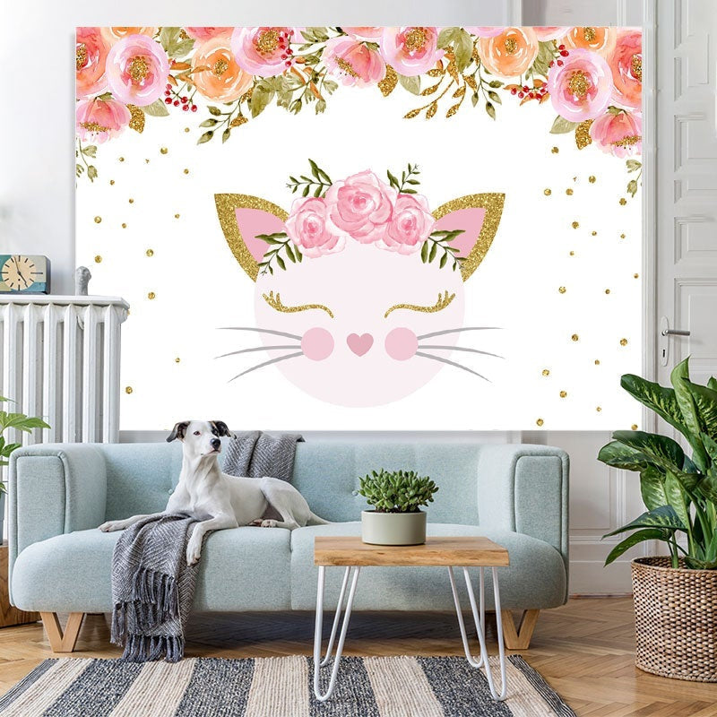 Lofaris Pink Flower And Cat Happy Birthday Backdrop For Girl
