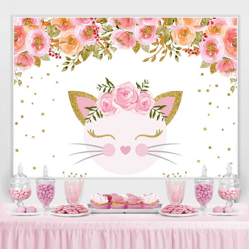 Lofaris Pink Flower And Cat Happy Birthday Backdrop For Girl