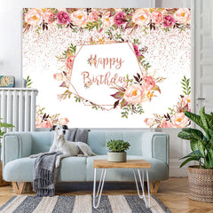 Lofaris Pink Flower And Green Plants Happy Birthday Backdrop