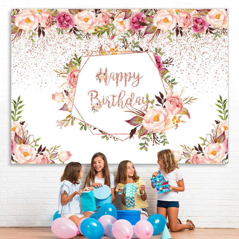 Lofaris Pink Flower And Green Plants Happy Birthday Backdrop