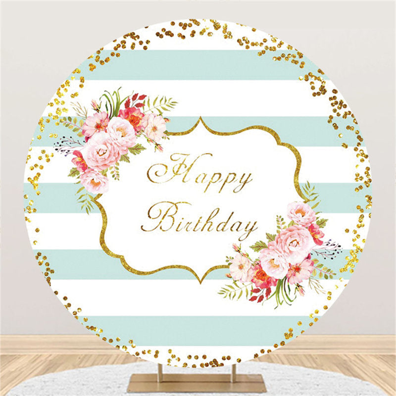 Lofaris Pink Flower And Stripe Happy Birthday Round Backdrop
