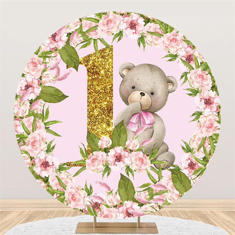 Lofaris Pink Flower Bear Birthday Round Backdrop For Party