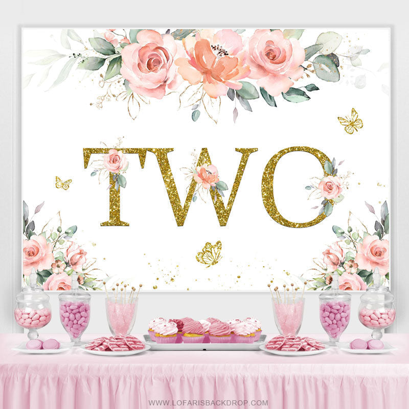 Lofaris Pink Flower Glitter Butterfly Wild Two Birthday Backdrop