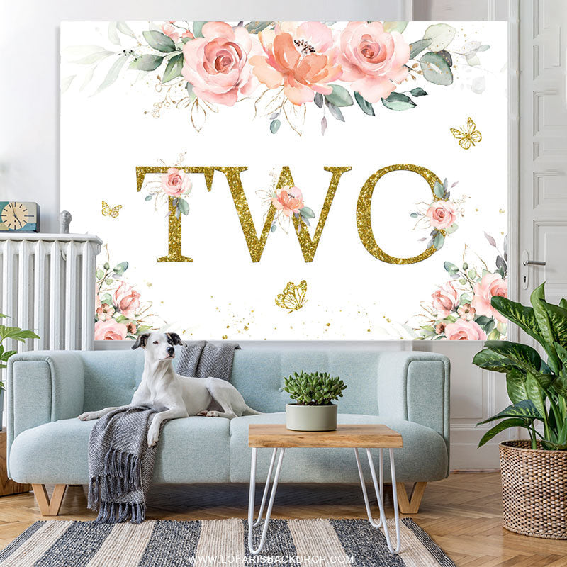 Lofaris Pink Flower Glitter Butterfly Wild Two Birthday Backdrop