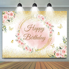 Lofaris Pink Flower Gold Butterfly Happy Birthday Backdrop
