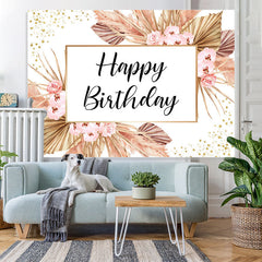 Lofaris Pink Flowers And Glitter Dots Happy Birthday Backdrop