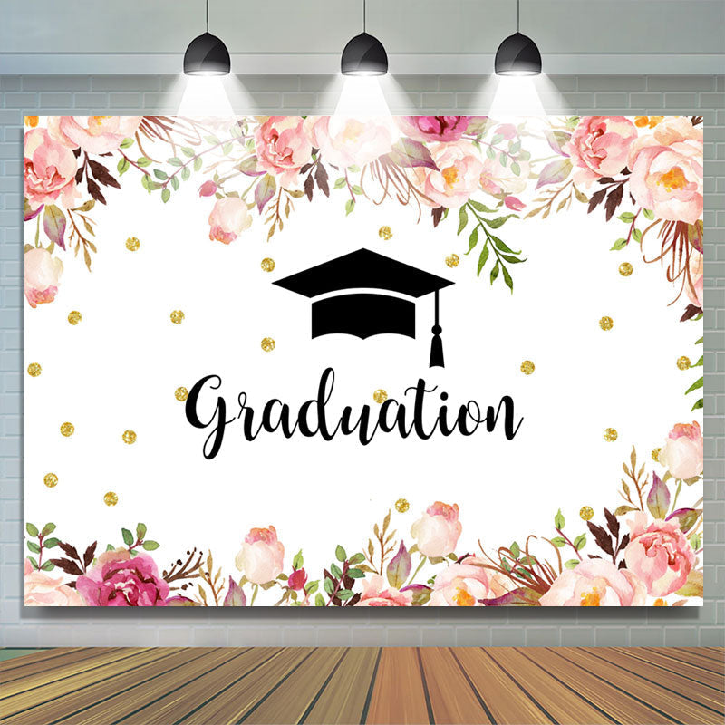 Lofaris Pink Flowers And Glitter Golden Dot Graduation Backdrop