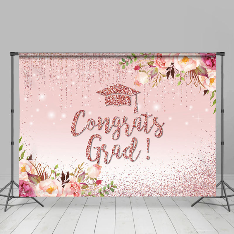 Lofaris Pink Flowers And Glitter Theme Congratsgrad Backdrop
