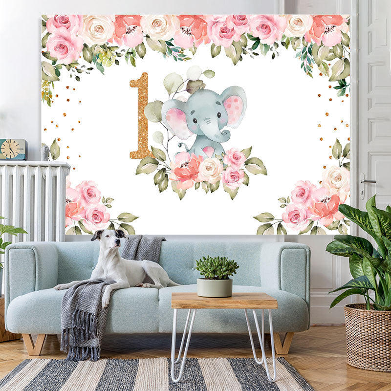 Lofaris Pink Flowers Elephant Theme Happy 1St Birthday Backdrop