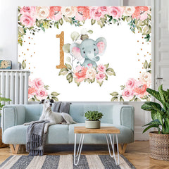 Lofaris Pink Flowers Elephant Theme Happy 1St Birthday Backdrop