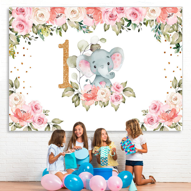Lofaris Pink Flowers Elephant Theme Happy 1St Birthday Backdrop