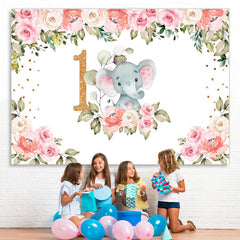Lofaris Pink Flowers Elephant Theme Happy 1St Birthday Backdrop
