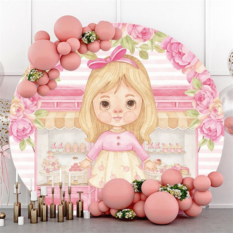 Lofaris Pink Girl And Cake Store Round Birthday Party Backdrop