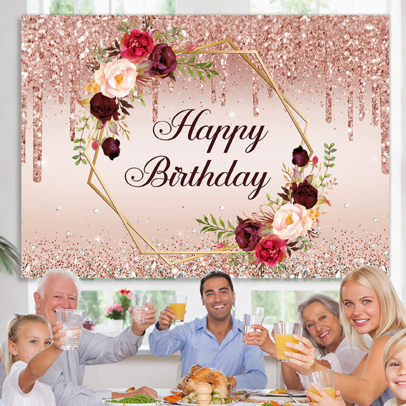 Lofaris Pink Glitter And Floral Happy Birthday Party Backdrop