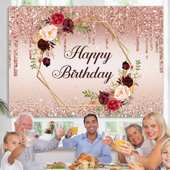 Lofaris Pink Glitter And Floral Happy Birthday Party Backdrop