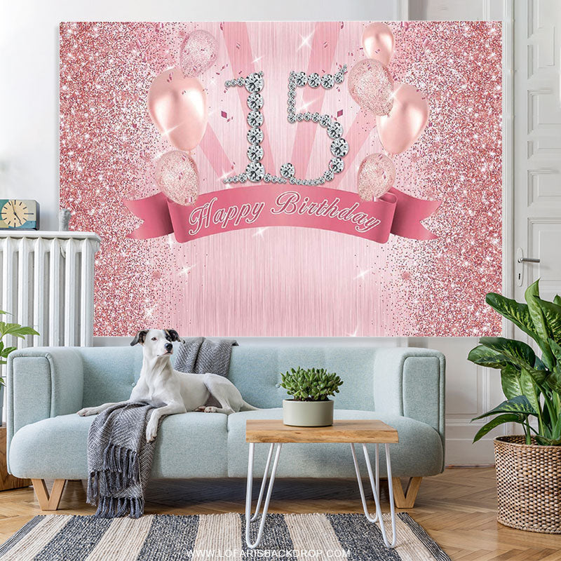 Lofaris Pink Glitter Balloons Diamond 15 Happy Birthday Backdrop